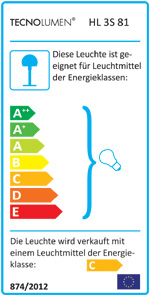 Energieeffizienzklassen A bis G auf einer Skala von A (höchste Effizienz) bis G (geringste Effizienz). Diese Leuchte wird verkauft mit einem Leuchtmittel der Energieklasse G.