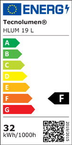 Energieeffizienzklasse F auf einer Skala von A (höchste Effizienz) bis G (geringste Effizienz). Die Lampen der Leuchte können nicht ausgetauscht werden.