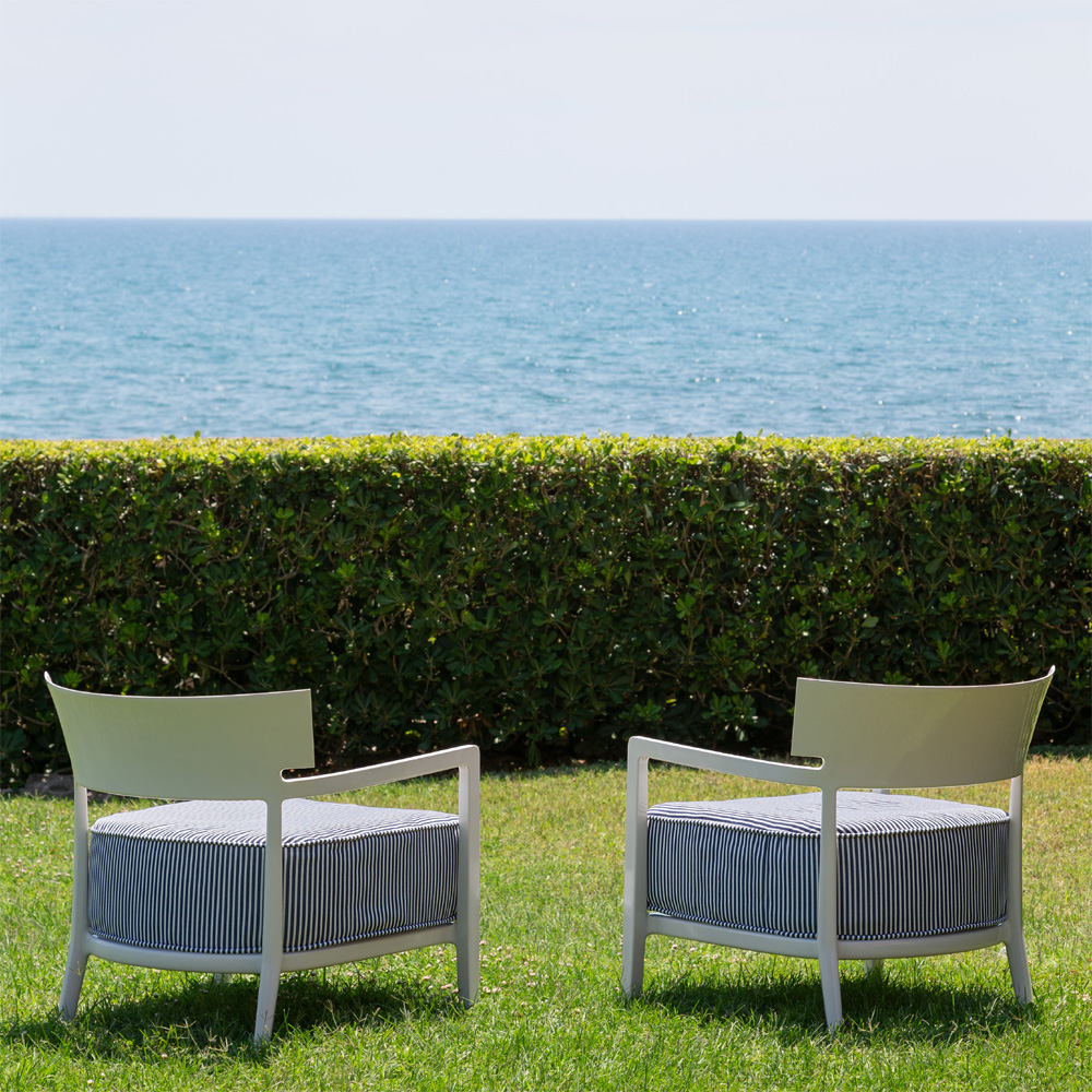 Cara Armchair Outdoor Sessel Elfenbein Gestell [Blau Dyed Stoffbezug] - Kartell 58441L - Philippe Starck & Sergio Schito
