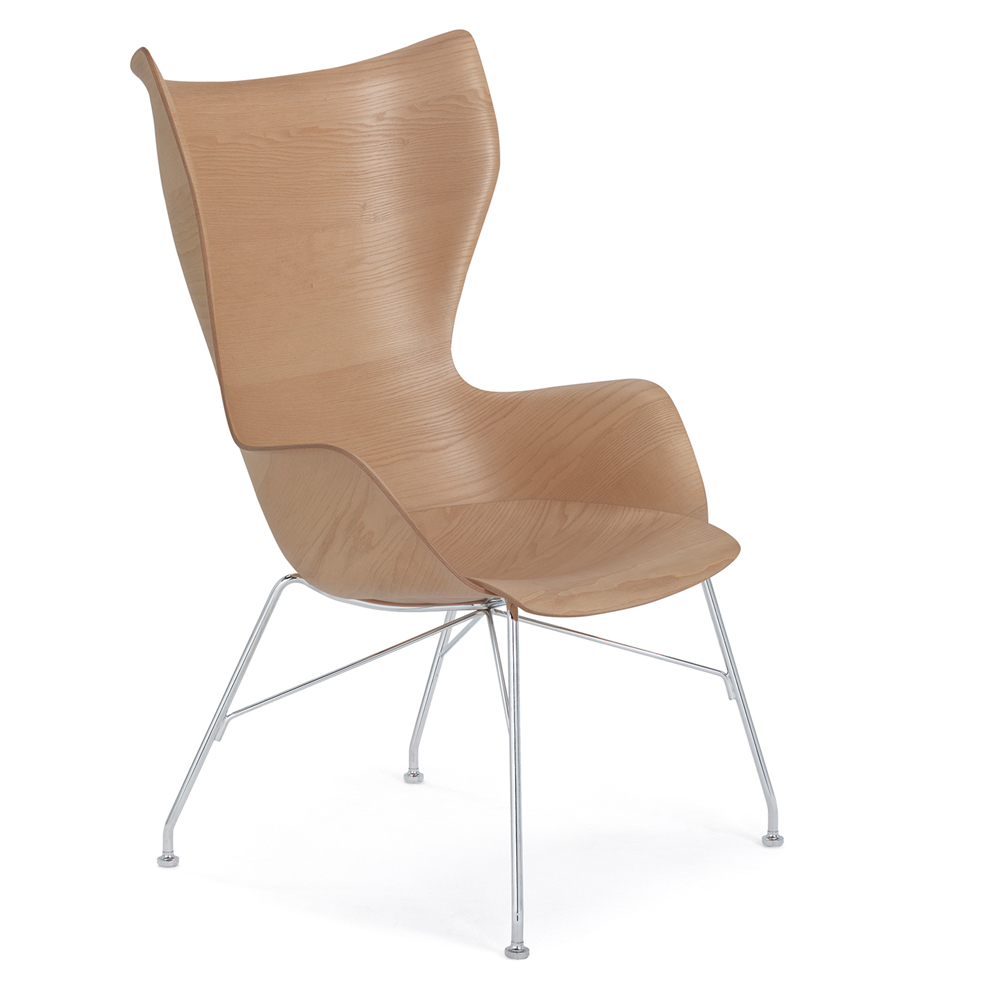 K/WOOD Lounger Esche Hell / Gestell Verchromt [Starke Holzmaserung] - Kartell 4916 CC - Philippe Starck