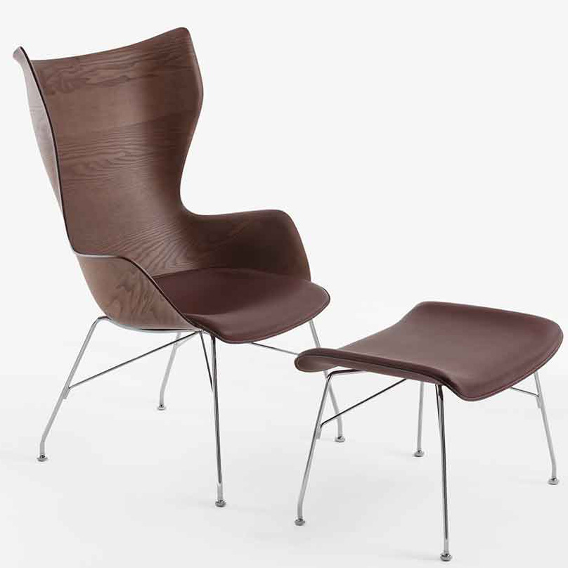 S/WOOD Fußhocker Esche Dunkel / Gestell Schwarz [Starke Holzmaser. & Ledersitz] - Kartell 4920 SN - Philippe Starck