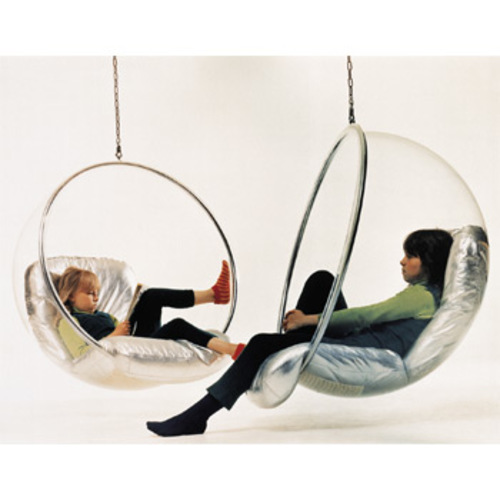 Bubble Chair Hängesessel mit silbernem Lederkissen - Adelta - Eero Aarnio