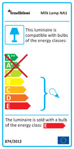Energieeffizienzklassen B bis E auf einer Skala von A++ (höchste Effizienz) bis E (geringste Effizienz). Diese Leuchte wird verkauft mit einem Leuchtmittel der Energieklasse E.