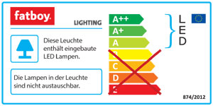 Energieeffizienzklassen A++ bis A auf einer Skala von A++ (höchste Effizienz) bis E (geringste Effizienz). Die Lampen der Leuchte können nicht ausgetauscht werden.