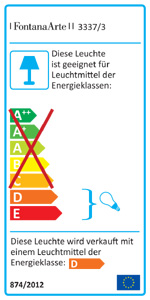 Energieeffizienzklassen D und E auf einer Skala von A++ (höchste Effizienz) bis E (geringste Effizienz). Diese Leuchte wird verkauft mit einem Leuchtmittel der Energieklasse D.