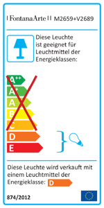 Energieeffizienzklassen D und E auf einer Skala von A++ (höchste Effizienz) bis E (geringste Effizienz). Diese Leuchte wird verkauft mit einem Leuchtmittel der Energieklassen D.