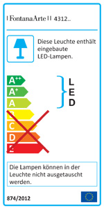 Energieeffizienzklassen A++ bis A auf einer Skala von A++ (höchste Effizienz) bis E (geringste Effizienz). Die Lampen der Leuchte können nicht ausgetauscht werden.