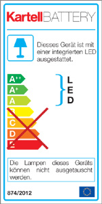 Energieeffizienzklassen A++ bis A auf einer Skala von A++ (höchste Effizienz) bis E (geringste Effizienz). Die Lampen der Leuchte können nicht ausgetauscht werden.
