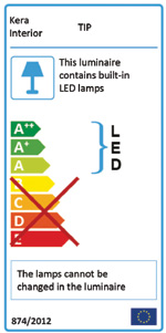 Energieeffizienzklassen A++ bis A auf einer Skala von A++ (höchste Effizienz) bis E (geringste Effizienz). Die Lampen der Leuchte können nicht ausgetauscht werden.