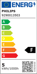 Energieeffizienzklassen A bis G auf einer Skala von A (höchste Effizienz) bis G (geringste Effizienz). Diese Leuchte wird verkauft mit einem Leuchtmittel der Energieklasse F.