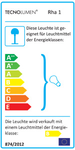 Energieeffizienzklassen A++ bis E auf einer Skala von A++ (höchste Effizienz) bis E (geringste Effizienz). Diese Leuchte wird verkauft mit einem Leuchtmittel der Energieklasse B.