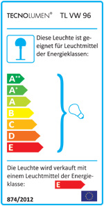 Energieeffizienzklassen A++ bis E auf einer Skala von A++ (höchste Effizienz) bis E (geringste Effizienz). Diese Leuchte wird verkauft mit einem Leuchtmittel der Energieklasse E.